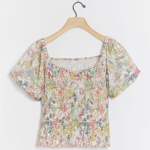 Ruched floral top with puff sleeves from Anthropologie (XSP)